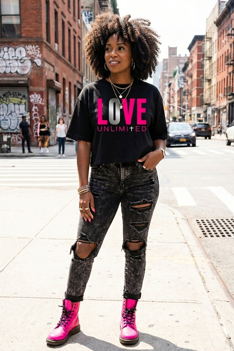 LOVE UNLIMITED | Neon Pink & Silver Boxy Tee
